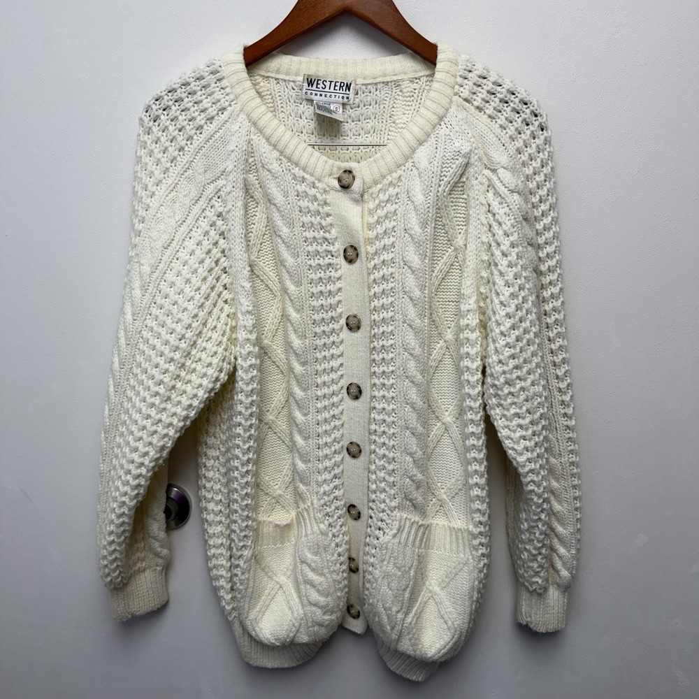 Vintage Western Connection Ivory Cable-Knit Cardigan Sweater 100% Acrylic Size S